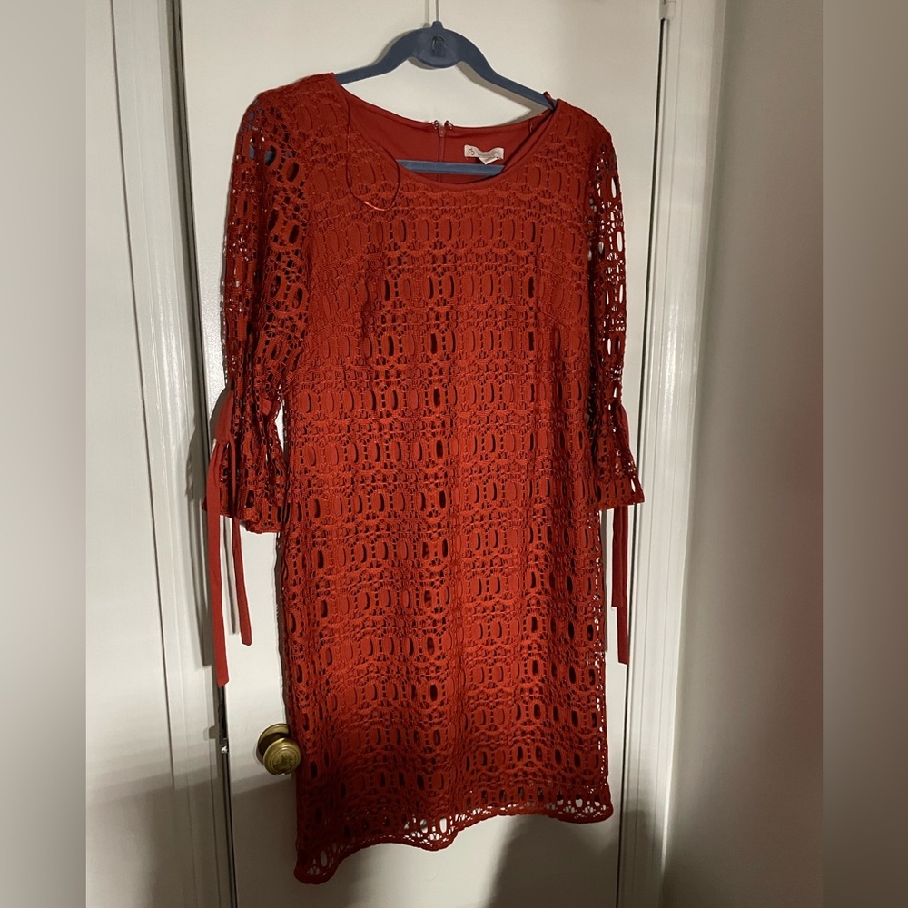 Orange knee Length Lace Dress With Bell Sleeve